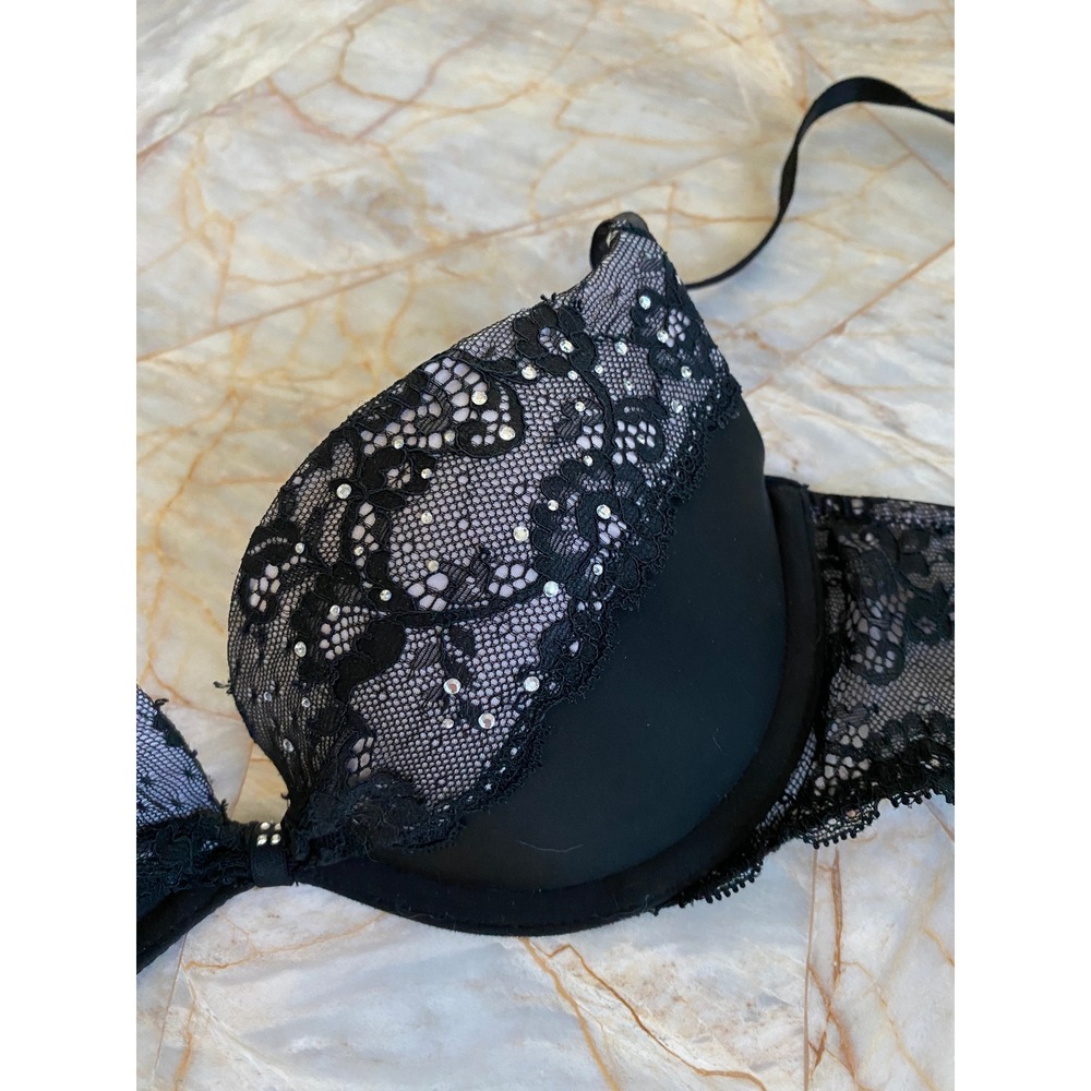 Victoria's Secret Padded Demi Bra Black Lace Rhinestone 32B Floral Scallop Trim - Picture 7 of 14